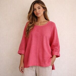 FLAX Medium 100% Linen 3/4 Sleeve Pink Top Lagenlook Tunic‎ Shirt Coastal Boho M